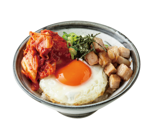 キムチのせ焼豚丼（半熟玉子入り）