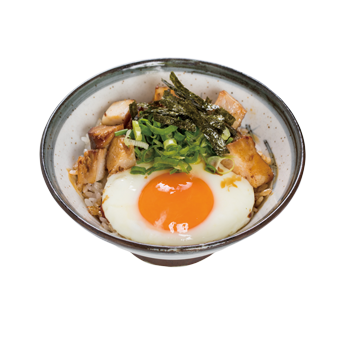 regular size fried egg and roasted pork topped rice bowl