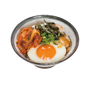 regular size Korean kimchi,fried egg, and roasted pork topped rice bowl